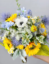 Load image into Gallery viewer, Free-Form Bridal Bouquet in Sunflower & Thistle, Boho Wedding Bouquet with Wildflowers