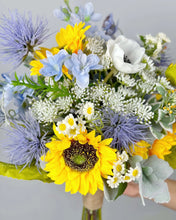 Load image into Gallery viewer, Free-Form Bridal Bouquet in Sunflower & Thistle, Boho Wedding Bouquet with Wildflowers