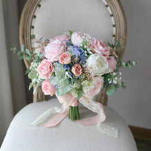 Load image into Gallery viewer, Round Bridal Bouquet in Blue & Blush, Deluxe Faux Wedding Bouquet