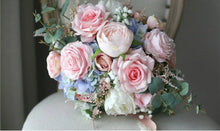 Load image into Gallery viewer, Round Bridal Bouquet in Blue & Blush, Deluxe Faux Wedding Bouquet