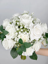 Load image into Gallery viewer, Round Bridal Bouquet in White & Greenery, Boho Wedding Bouquet with Baby's Breath & Rose Leaves