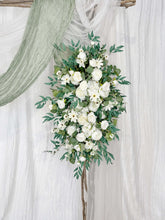 Load image into Gallery viewer, Wedding Arch Flowers in White and Sage with Daisies, Corner Swag for Elegant Decor
