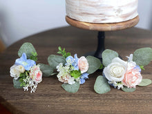 Load image into Gallery viewer, Wedding Cake Topper Flowers in Pink & Blue, Set of 3 Floral Party Cake Decoration