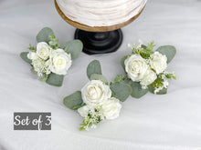 Load image into Gallery viewer, Wedding Cake Topper Flowers in White & Sage Green, Set of 3 Floral Cake Decoration