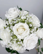 Load image into Gallery viewer, White and Greenery - Boho Bridal Bouquet,Bridesmaid Bouquet, Made with Artificial Rose, Baby&#39;s Breath and Rose Leaves
