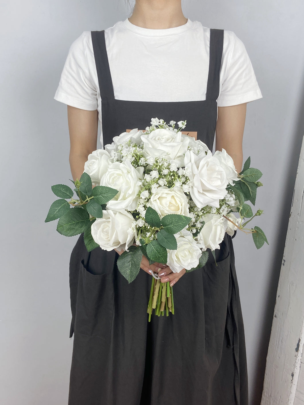 White and Greenery - Boho Bridal Bouquet,Bridesmaid Bouquet, Made with Artificial Rose, Baby's Breath and Rose Leaves