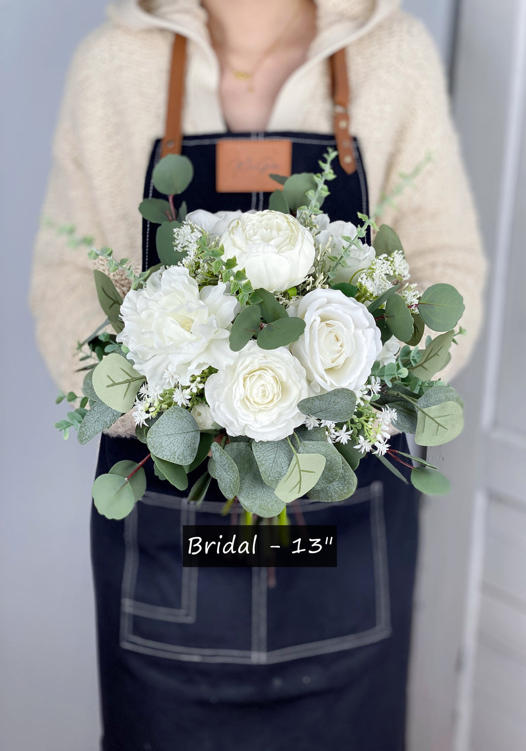 White and Greenery - Boho Bridal Bouquet,Bridesmaid Bouquet, Made with Artificial Rose, Peony, Ranunculus, Baby's Breath and Eucalyptus