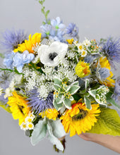 Load image into Gallery viewer, Sunflower and Thistle - Boho Bridal Bouquet,Wedding Bouquet, Bridesmaid Bouquet, Made with Artificial Wildflowers, Sunflowers, Thistle, Anemone, Daisy, Delphinium
