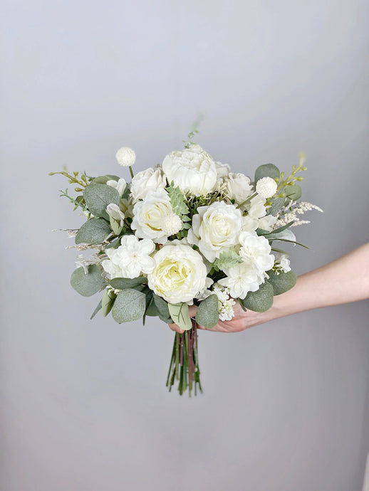 Free-Form Bridal Bouquet in White & Sage, Romantic Wedding Bouquet