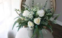 Load image into Gallery viewer, Free-Form Bridal Bouquet in White and Forest Green, Simple &amp; Elegant Wedding Bouquet
