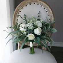 Load image into Gallery viewer, Free-Form Bridal Bouquet in White and Forest Green, Simple &amp; Elegant Wedding Bouquet
