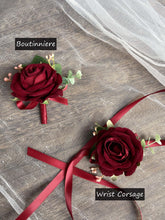 Load image into Gallery viewer, Pin Boutonniere &amp; Wrist Corsage in Burgundy &amp; Blush, Deluxe Silk Wedding Flowers
