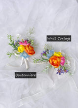 Load image into Gallery viewer, Pin Boutonniere &amp; Wrist Corsage with Wildflowers for Colorful Wedding
