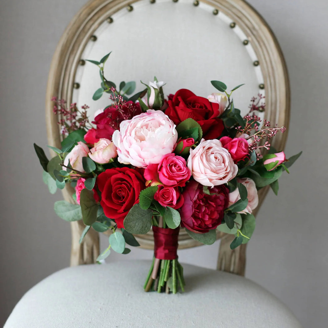 Round Bridal Bouquet in Burgundy & Blush, Deluxe Silk Wedding Bouquet