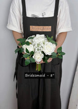 Load image into Gallery viewer, Round Bridal Bouquet in White &amp; Greenery, Boho Wedding Bouquet with Baby&#39;s Breath &amp; Rose Leaves
