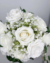 Load image into Gallery viewer, Round Bridal Bouquet in White &amp; Greenery, Boho Wedding Bouquet with Baby&#39;s Breath &amp; Rose Leaves
