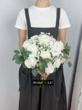 Load image into Gallery viewer, Round Bridal Bouquet in White &amp; Greenery, Boho Wedding Bouquet with Baby&#39;s Breath &amp; Rose Leaves
