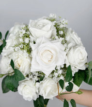 Load image into Gallery viewer, Round Bridal Bouquet in White &amp; Greenery, Boho Wedding Bouquet with Baby&#39;s Breath &amp; Rose Leaves
