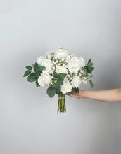 Load image into Gallery viewer, Round Bridal Bouquet in White &amp; Greenery, Boho Wedding Bouquet with Baby&#39;s Breath &amp; Rose Leaves
