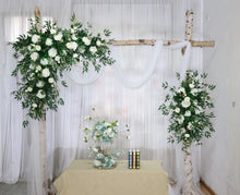 Load image into Gallery viewer, Wedding Arch Flowers &amp; Table Runner in White and Forest Green Rose
