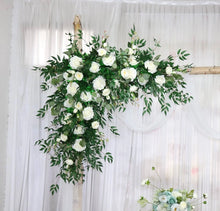 Load image into Gallery viewer, Wedding Arch Flowers &amp; Table Runner in White and Forest Green Rose
