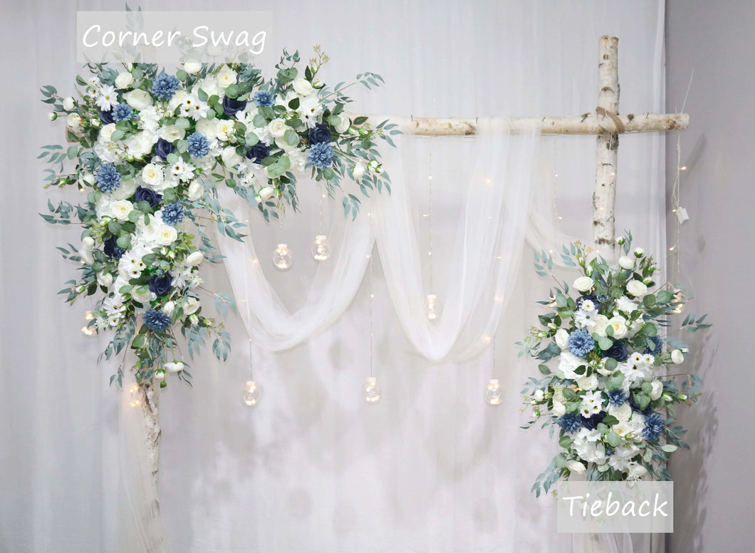 Wedding Arch Flowers in Dusty Blue & Navy,  Elegant Ceremony Backdrop Décor