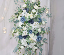 Load image into Gallery viewer, Wedding Arch Flowers in Dusty Blue &amp; Navy,  Elegant Ceremony Backdrop Décor
