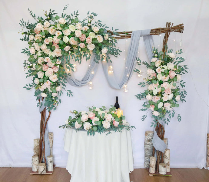 Wedding Arch Flowers in Peach & Blush,  Rustic Backdrop Ceremony Décor