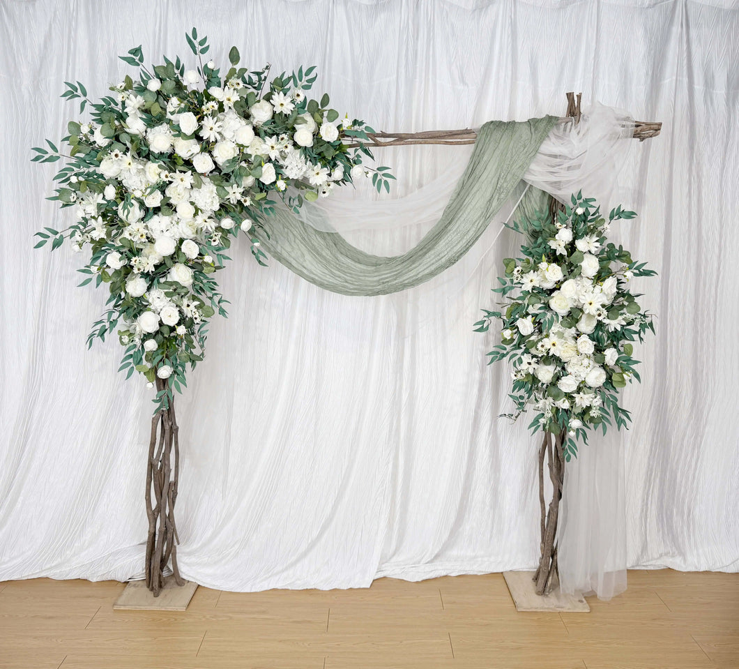 Wedding Arch Flowers in White and Sage with Daisies, Corner Swag for Elegant Decor