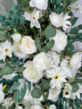 Load image into Gallery viewer, Wedding Arch Flowers in White and Sage with Daisies, Corner Swag for Elegant Decor
