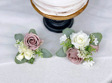 Load image into Gallery viewer, Wedding Cake Topper Flowers in Mauve &amp; White, Set of 2 Floral Party Cake Decoration
