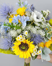 Load image into Gallery viewer, Sunflower and Thistle - Boho Bridal Bouquet,Wedding Bouquet, Bridesmaid Bouquet, Made with Artificial Wildflowers, Sunflowers, Thistle, Anemone, Daisy, Delphinium
