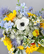 Load image into Gallery viewer, Sunflower and Thistle - Boho Bridal Bouquet,Wedding Bouquet, Bridesmaid Bouquet, Made with Artificial Wildflowers, Sunflowers, Thistle, Anemone, Daisy, Delphinium
