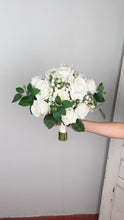 Load and play video in Gallery viewer, White and Greenery - Boho Bridal Bouquet,Bridesmaid Bouquet, Made with Artificial Rose, Baby&#39;s Breath and Rose Leaves
