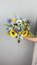 Load and play video in Gallery viewer, Free-Form Bridal Bouquet in Sunflower &amp; Thistle, Boho Wedding Bouquet with Wildflowers
