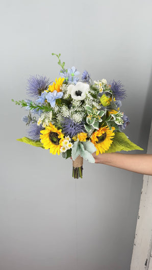 Free-Form Bridal Bouquet in Sunflower & Thistle, Boho Wedding Bouquet with Wildflowers