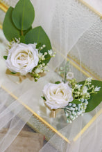 Load image into Gallery viewer, White and Sage - Wedding Bouquet, Made with Artificial Roses, Peonies, Dusty Miller and Eucalyptus
