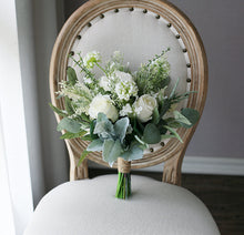 Load image into Gallery viewer, White and Sage - Wedding Bouquet, Made with Artificial Roses, Peonies, Dusty Miller and Eucalyptus
