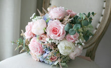 Load image into Gallery viewer, Blue and Blush - Wedding Bridal Bouquet, Made with Artificial Roses, Peonies and Hydrangeas.
