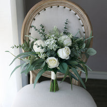 Load image into Gallery viewer, White and Forest Green - Wedding Bouquet, Made with Artificial Roses, Peonies and Eucalyptus
