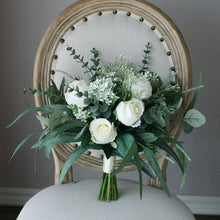 Load image into Gallery viewer, White and Forest Green - Wedding Bouquet, Made with Artificial Roses, Peonies and Eucalyptus
