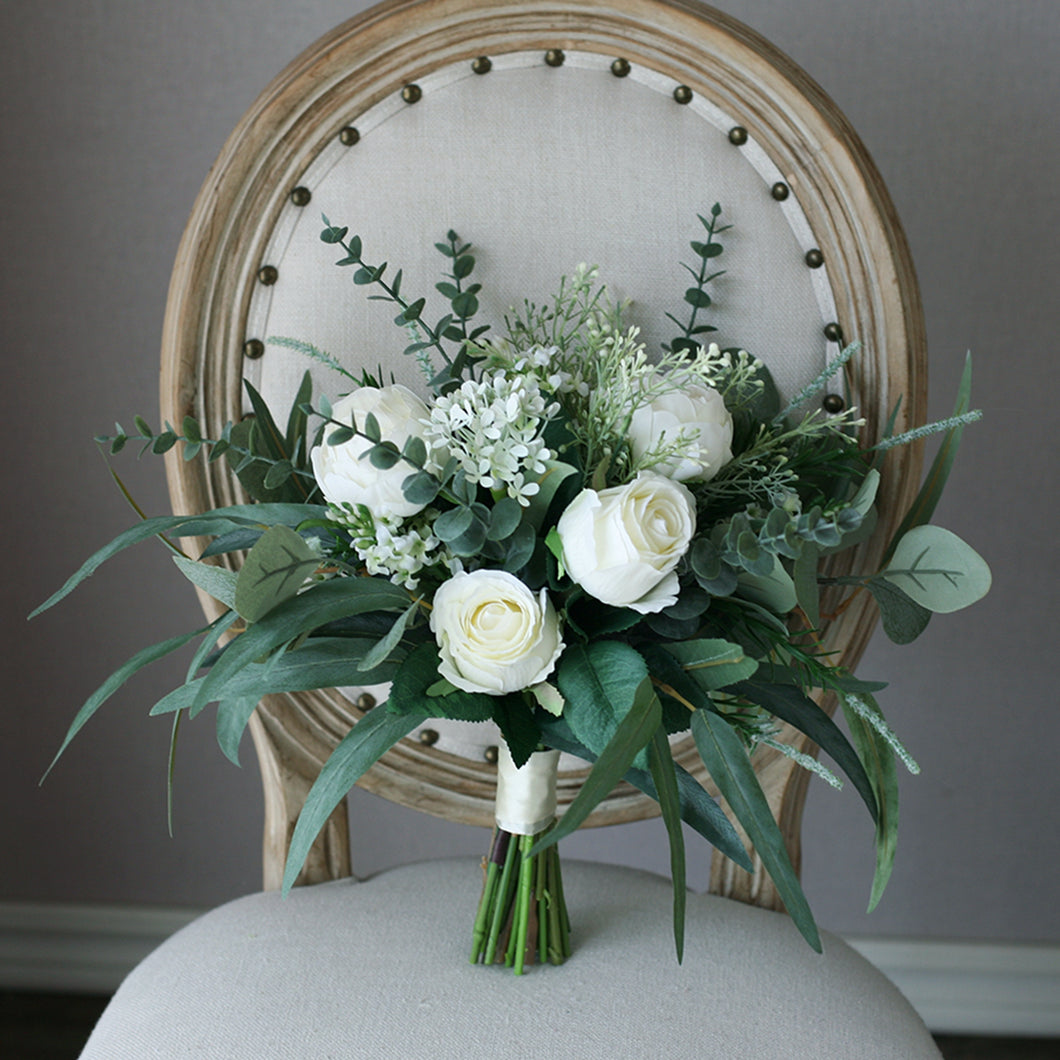 White and Forest Green - Wedding Bouquet, Made with Artificial Roses, Peonies and Eucalyptus