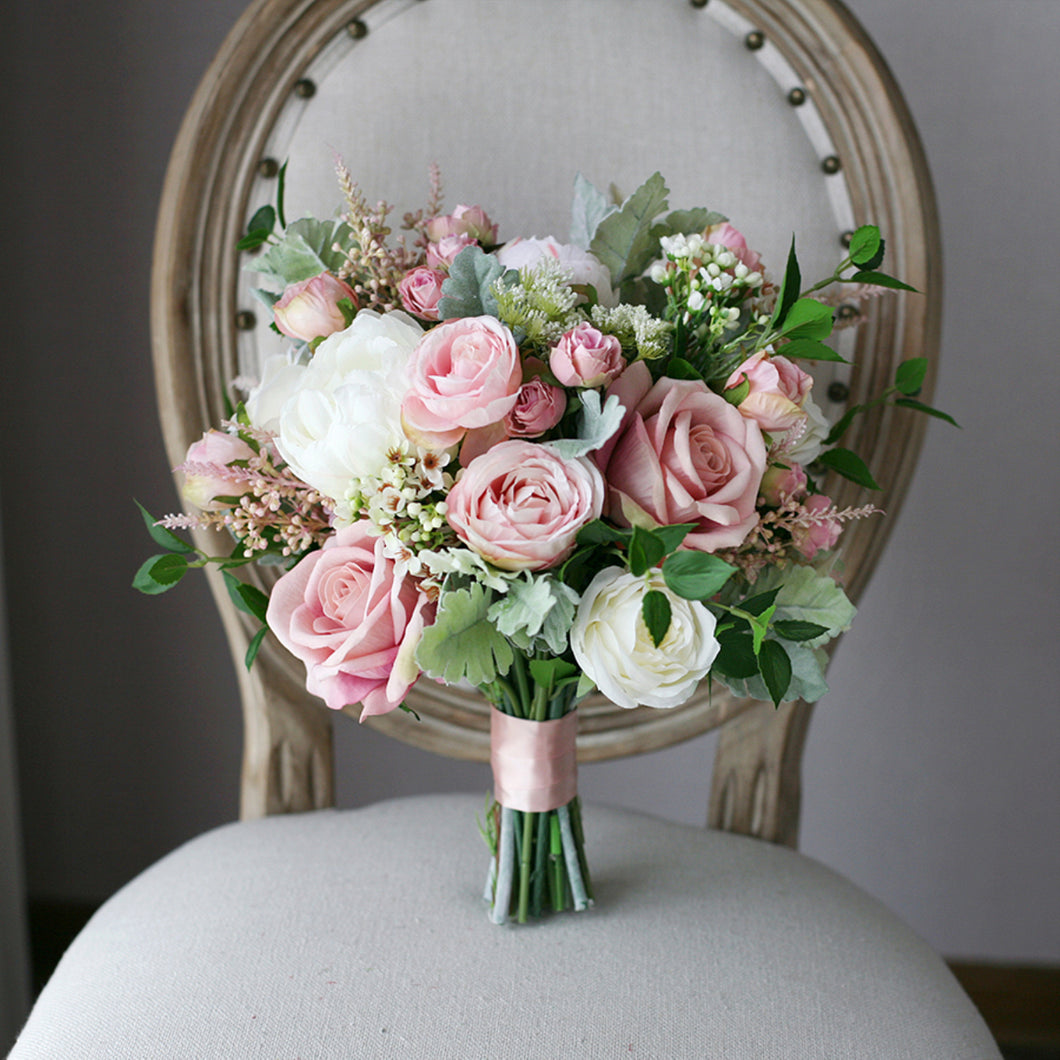 Dusty Pink and White - Wedding Bouquet, Made with Artificial Roses and Peonies