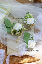 Load image into Gallery viewer, White and Sage - Wedding Bouquet, Made with Artificial Roses, Peonies, Dusty Miller and Eucalyptus
